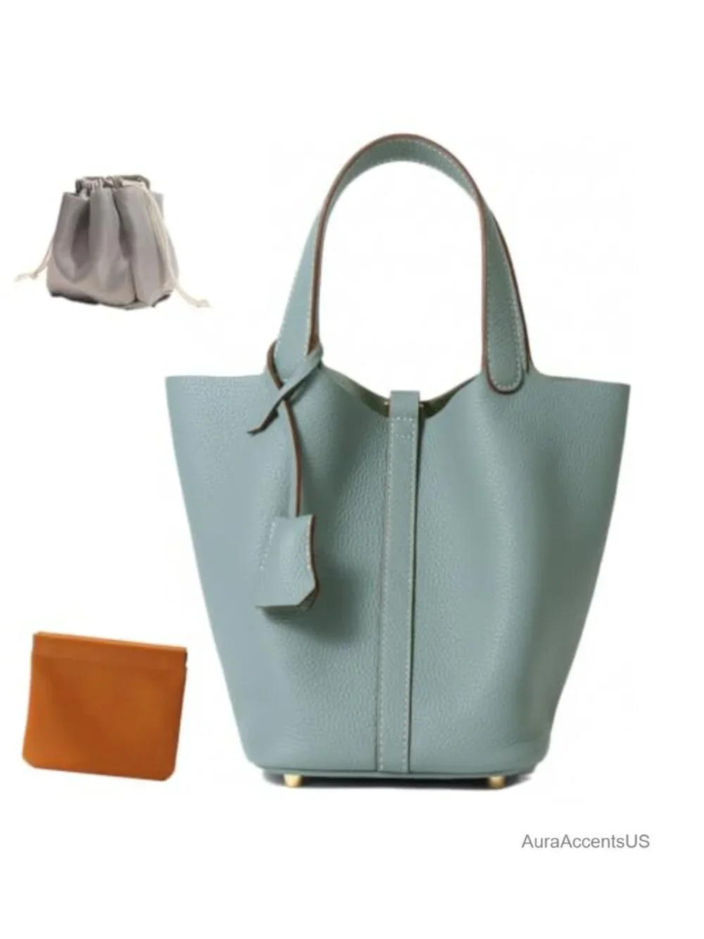 Genuine Leather Bucket Bag with Lock Satchel Handbag